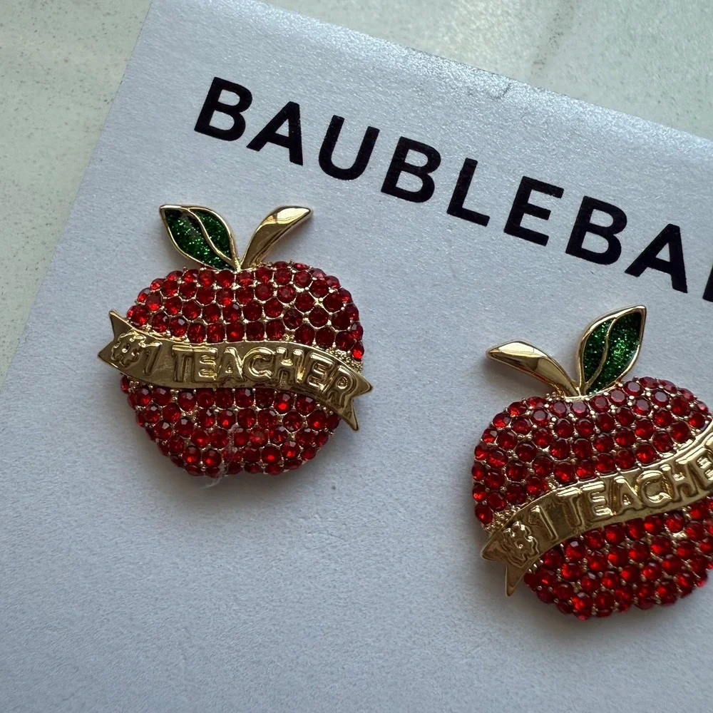 Baublebar Pavé #1 Teacher Apple Stud Earrings -‎ Red/Gold Teacher Gift NWT